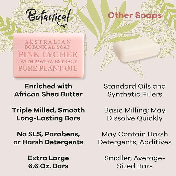 Australian Botanical Soap, 6.6 OZ, Pink Lychee and Pawpaw Extract, Triple Milled Bars made with a Natural Soap Base and Enriched with Organic Shea Butter, Pack of 8