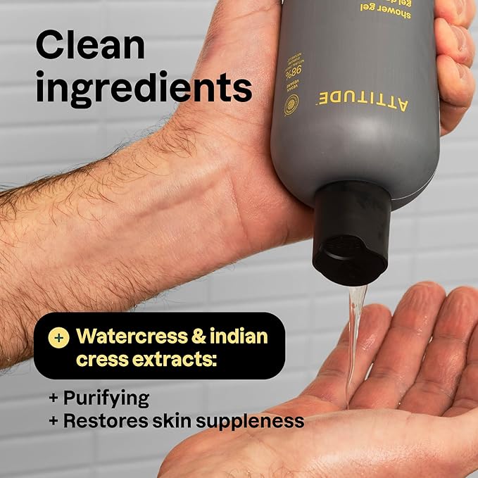 ATTITUDE Shower Gel Body Wash for Men, 98% Natural Origin Ingredients, Paraben & Phthalate Free, EWG Verified, Cleanses Without Drying, Amber & Citrus, 14 Fl Oz