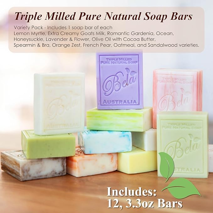 BELA Triple Milled Soap Variety Pack 3.3 OZ Pack of 12, Long Lasting French Triple Milled Bar Soap with Organic Shea Butter, Hand, Face and Body Soap Bar, Made in Australia