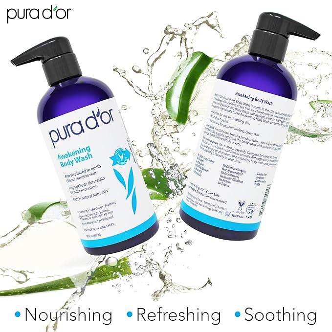 PURA D'OR Awakening Body Wash (16oz x2 = 32oz) Aloe Vera, Chamomile, Lavender, Tea Tree for Invigorating Earthy Scent, pH Balanced for Moisturized Soft, Fresh-Feeling Skin, All Skin Types, Men & Women