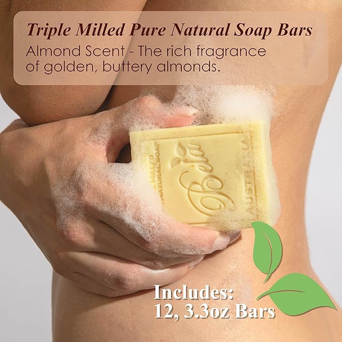 BELA Almond Soap 3.3 OZ Pack of 12, French Triple Milled Bar Soap with Organic Shea Butter, Hand, Face and Body Wash Bar Made in Australia