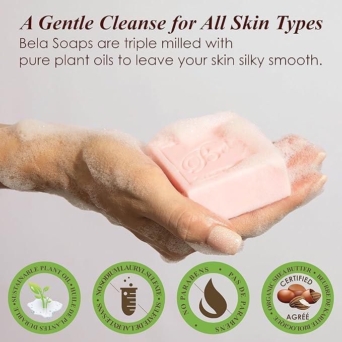 BELA Rose Soap 3.3 OZ Pack of 12, French Triple Milled Bar Soap Rose and Petals with Organic Shea Butter, Hand, Face and Body Wash Bar Made in Australia