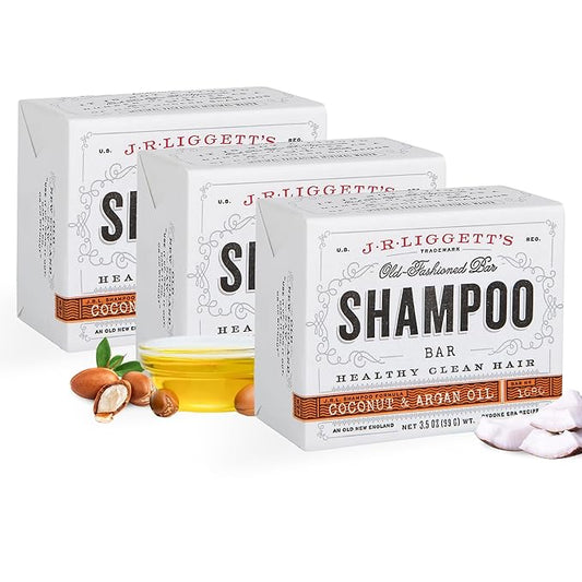 J·R·LIGGETT'S All-Natural Shampoo Bar, Virgin Coconut and Argan Oil - Strong and Healthy Hair-Nourish Follicles with Antioxidants and Vitamins-Detergent and Sulfate-Free, Set of Three, 3.5 Ounce Bars