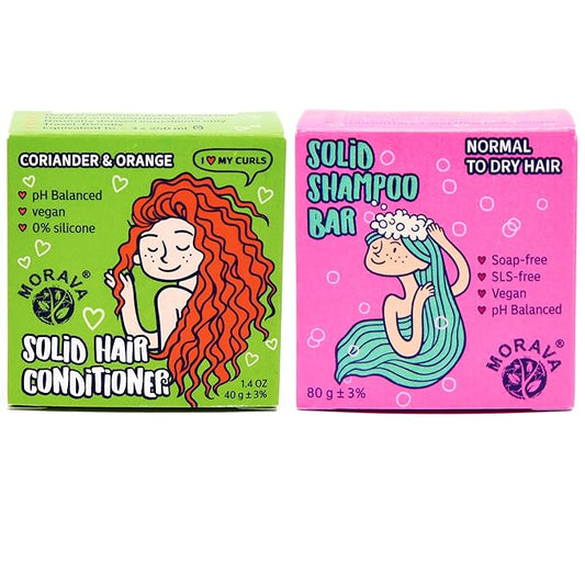 Morava Shampoo Bar & Conditioner Bar Set - Vegan, pH Balanced Hair Care for Curly & Normal-to-Dry Hair, Travel-Ready, Silicone & SLS-Free