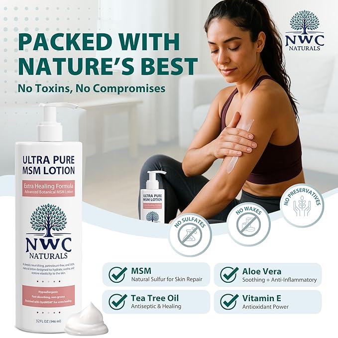 NWC Naturals Ultra-Pure MSM Lotion, All Natural, Hypoallergenic, Extra-Healing, Nourishing Body Lotion 32 Ounces
