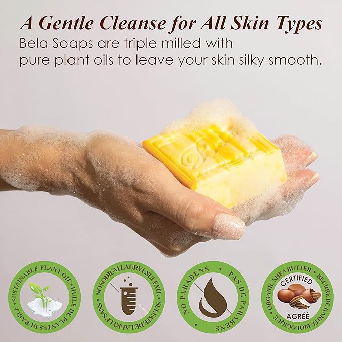 BELA Honey and Goat Milk Soap 3.3 OZ Pack of 6, Long Lasting French Triple Milled Bar Soap with Organic Shea Butter, Hand, Face and Body Wash Bar, Made in Australia