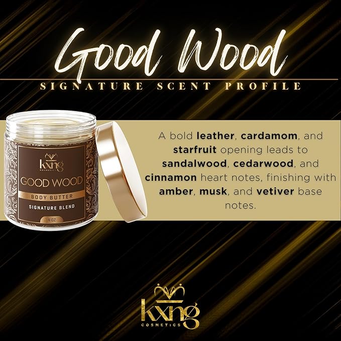 KXNG Cosmetics, Body Butter, Organic Skin Care for Men and Women, Body Moisturizer Lotions and Creams, Raw Shea Butter, Cocoa Butter, Mango, Coconut Oil, Hand, Foot, All Skin Types (Good Wood)