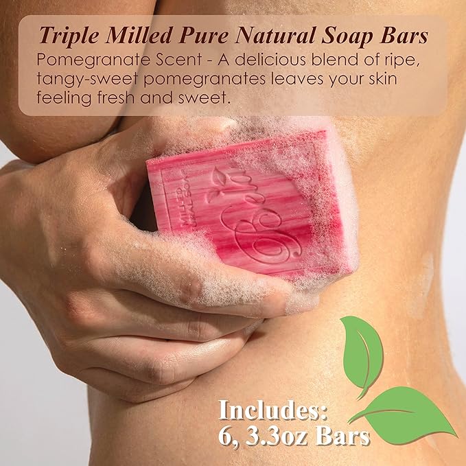 BELA Pomegranate Soap 3.3 OZ Pack of 6, Long Lasting French Triple Milled Bar Soap with Organic Shea Butter, Hand, Face and Body Wash Bar, Made in Australia