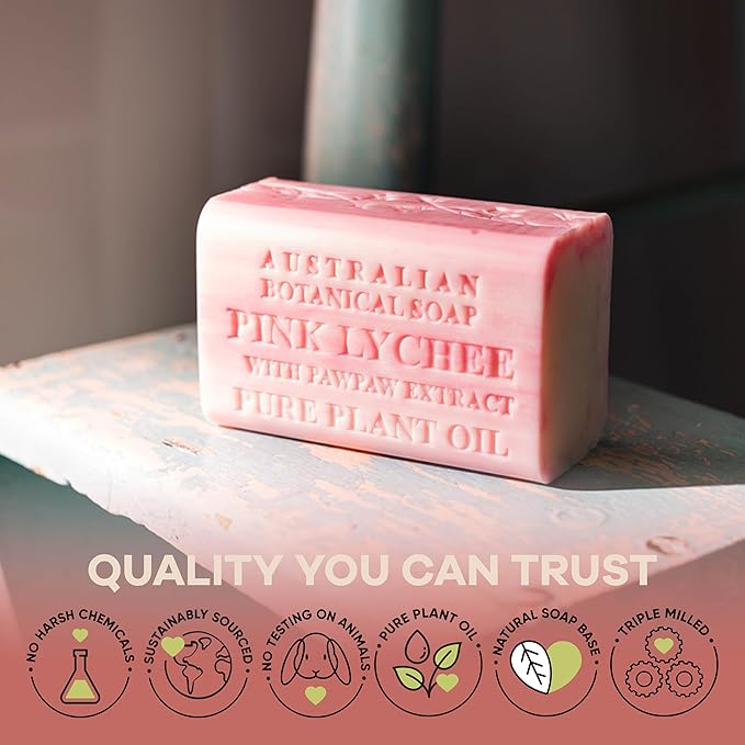 Australian Botanical Soap, 6.6 OZ, Pink Lychee and Pawpaw Extract, Triple Milled Bars made with a Natural Soap Base and Enriched with Organic Shea Butter, Pack of 8