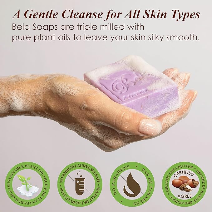 BELA Lavender Soap 3.3 OZ, Pack of 12, Long Lasting French Triple Milled Bar Soap with Organic Shea Butter, Hand, Face and Body Wash Bars, Made in Australia