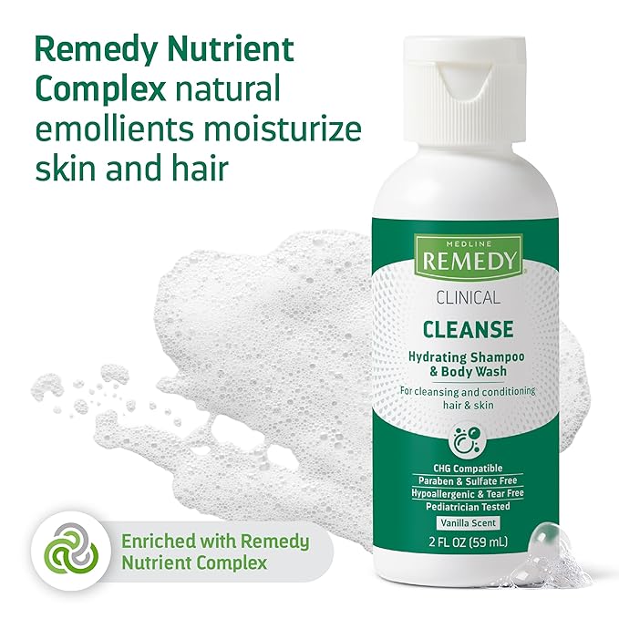 Medline Remedy Clinical Hydrating Shampoo & Body Wash (2 fl oz), 96 Count, Vanilla Scent, Cleanser, No-Rinse, Adults, Kids, Shower Or Bedside, Dimethicone, Sulfate Free