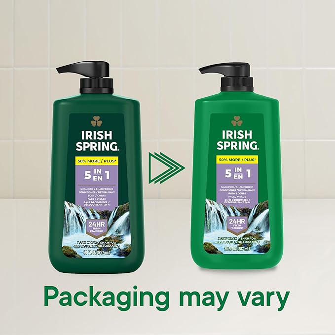 Irish Spring 5 in 1 Body Wash for Men, Men's Body Wash, Smell Fresh and Clean for 24 Hours, Conditions and Cleans Body, Face, and Hair, Made with Biodegradable Ingredients, 30 Oz Pump