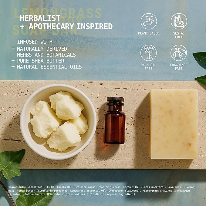 Natural Organic for Face and Body, Exfoliating & Moisturizing Soap Bar with Shea Butter, Coconut Oil and Essential Oils, 4oz Per Bar (Lemongrass)