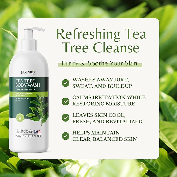 Tea Tree Oil Body Wash, Cleanses & Relieves Itchy Skin, Soothes Jock Itch, Acne & Ringworm, Shower Gel for Dry and Sensitive Skin, Women & Men, Organic & Natural, 16 fl oz