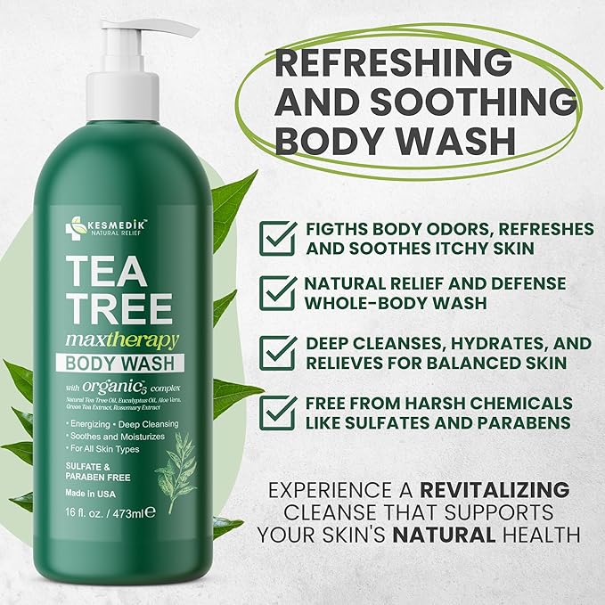 Tea Tree Body Wash MaxTherapy, Itchy Skin Relief, Tea Tree Oil Soap, Soothes Jock Itch, Athlete's Foot, Ringworm, Eczema, Psoriasis & Sensitive Skin, Men & Women, 2-Pack, Original Edition