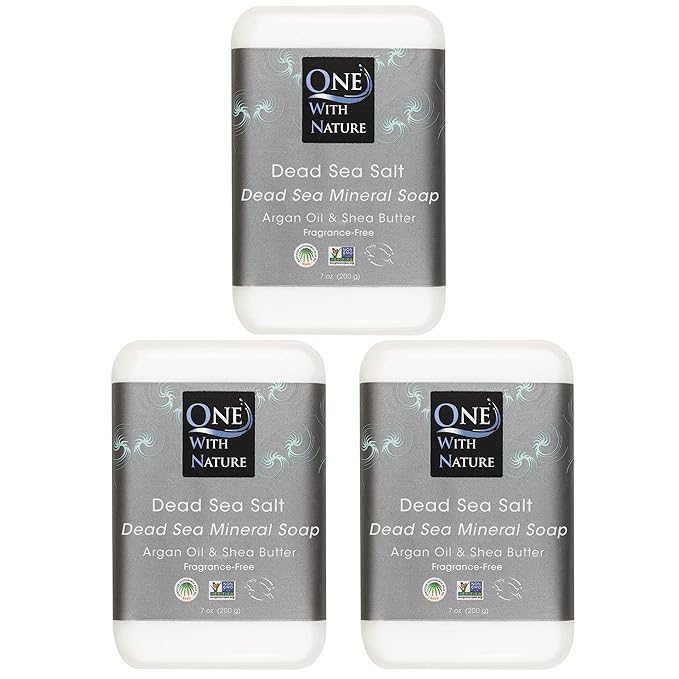 One With Nature Dead Sea Salt Soap 7oz 3-Pack – Purifying and Exfoliating Soap Bar with Dead Sea Minerals for Face & Body, for Men & Women. Unscented.