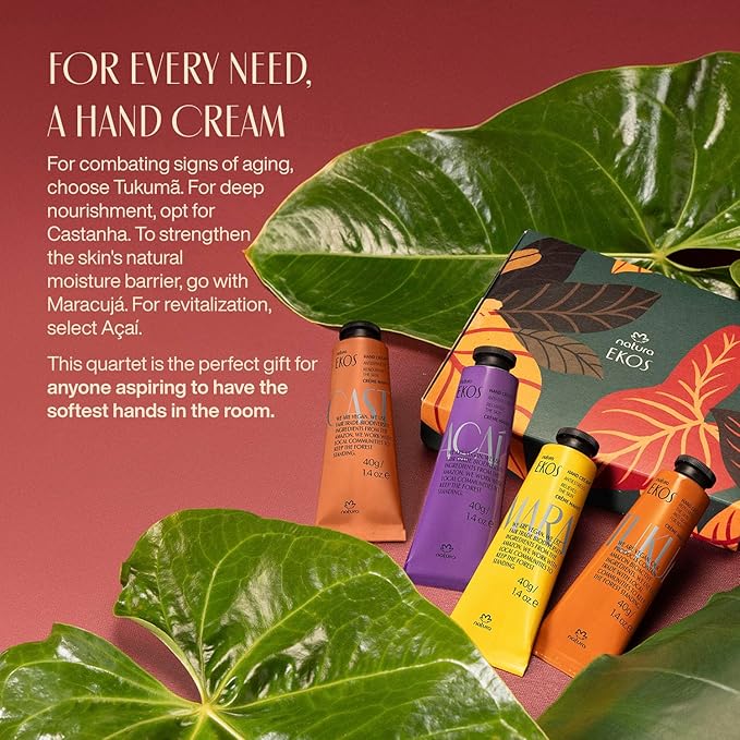 natura - Ekos Hand Cream Quartet Variety Pack, 4 Creams - (1) Maracujá, (1) Castanha, (1) Tukumã, (1) Açaí Hand Cream - Vegan Skin Care - Brazilian Beauty Secrets - Hand Care - 1.41oz (40g)
