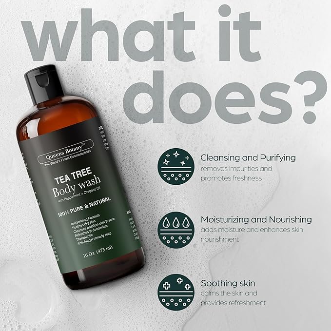 Antibacterial Tea Tree Oil Body Wash For Men & Women Remedy Soap Extra Strength - Helps Treat Acne, Athletes foot, Eczema, Toenail Fungus & Jock Itch & Ringworm (16 Fl Oz (Pack of 2)