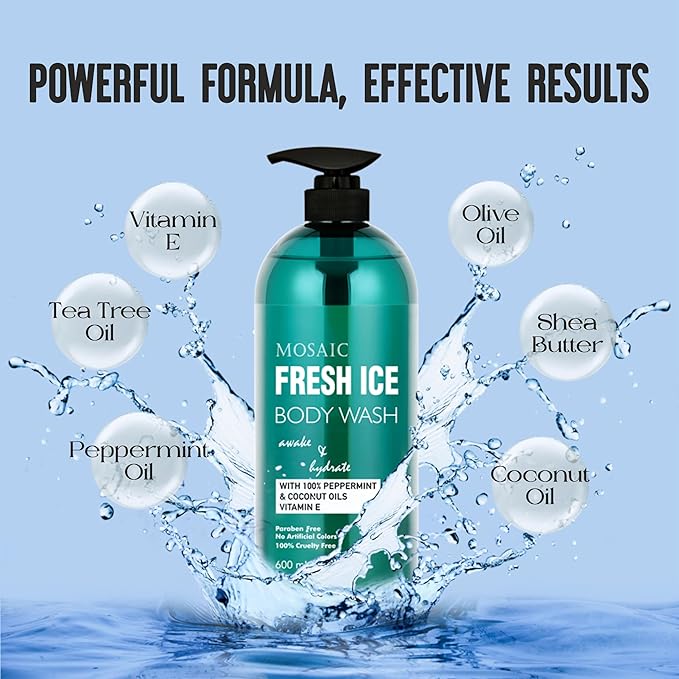 AnatoliaDaphne Fresh Ice Peppermint Body Wash and Shower Gel for MEN with Vitamin E for Jock Itch, Eczema, Ringworm, Body Odor, Body Wash Men with Added Body Oils, LARGE 20.2 FL Oz Bottle