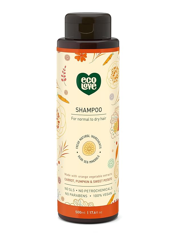 ecoLove - Natural Shampoo, Sodium lauryl sulfate Free, Vegan & Cruelty Free, Natural Dry Shampoo for Women, Organic Carrot and Pumpkin, No SLS or Parabens, 17.6 oz