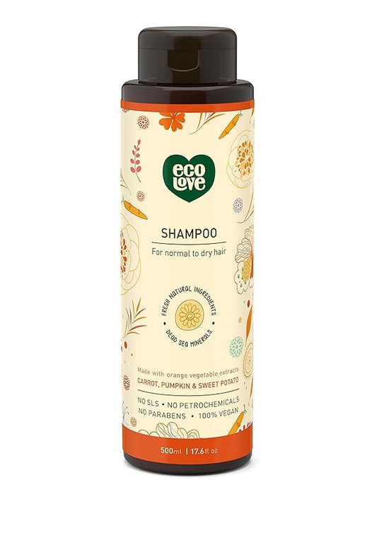 ecoLove - Natural Shampoo, Sodium lauryl sulfate Free, Vegan & Cruelty Free, Natural Dry Shampoo for Women, Organic Carrot and Pumpkin, No SLS or Parabens, 17.6 oz