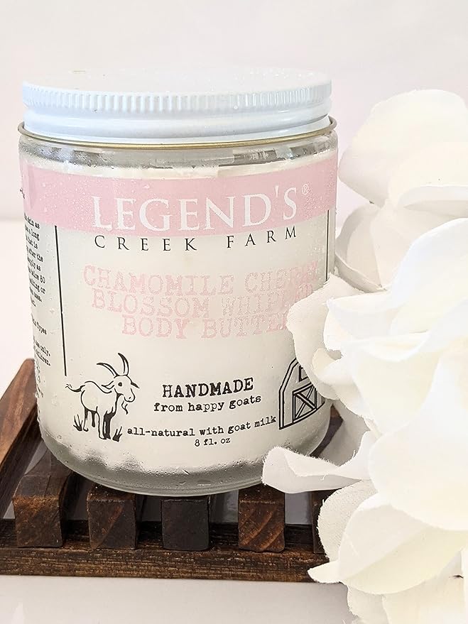 Legend's Creek Farm, Goat Milk Body Butter - Hydrating Natural Body Moisturizer with Organic Shea Butter & Grape Seed Oil - 8 Oz Purifying & Toning Whipped Body Butter (Chamomile Cherry Blossom)