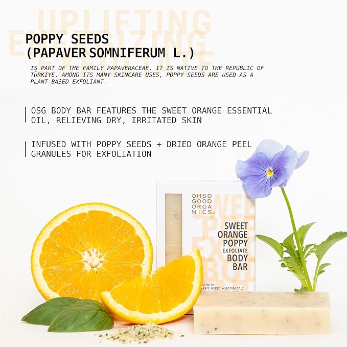 Natural Organic for Face and Body, Exfoliating & Moisturizing Soap Bar with Shea Butter, Coconut Oil and Essential Oils, 4oz Per Bar (Sweet Orange Poppy)