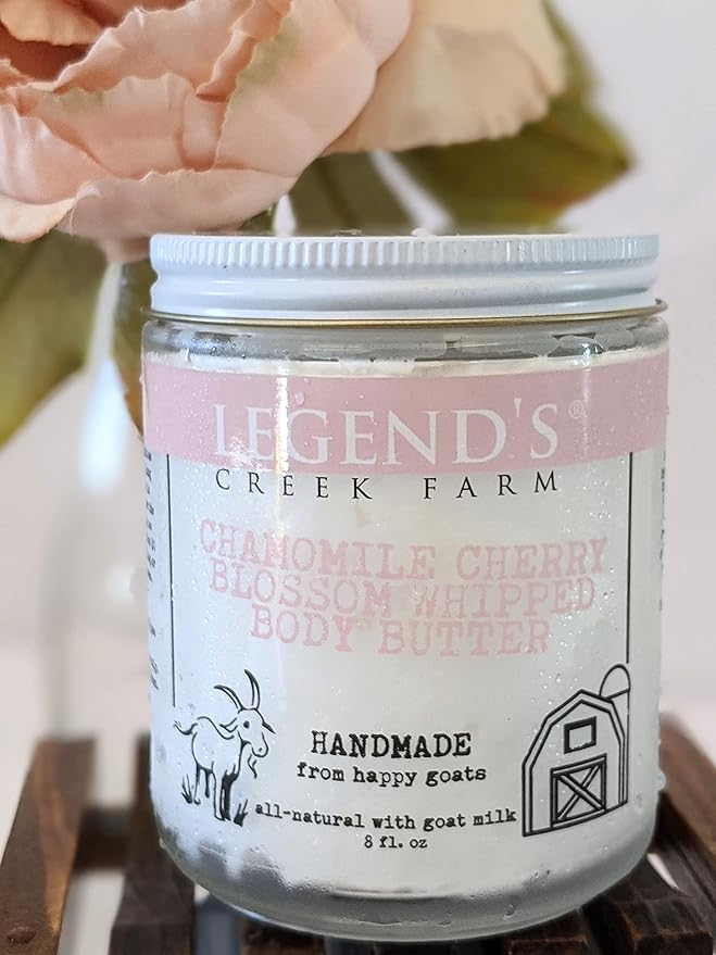 Legend's Creek Farm, Goat Milk Body Butter - Hydrating Natural Body Moisturizer with Organic Shea Butter & Grape Seed Oil - 8 Oz Purifying & Toning Whipped Body Butter (Chamomile Cherry Blossom)