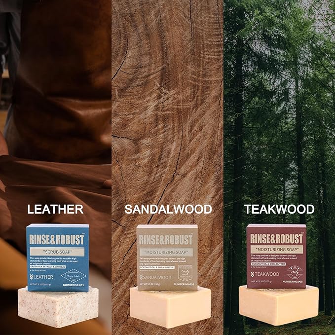 Rinse & Robust Mens Bar Soap Bath Bar Soap 3Pack Handmade Natural Soap Bar Set Cleansing Bar Moisturizing&Exfoliating Scrub Soap Gift Set for Men | Leather, Sandalwood, Teakwood | 3.5 oz of 3 Bars
