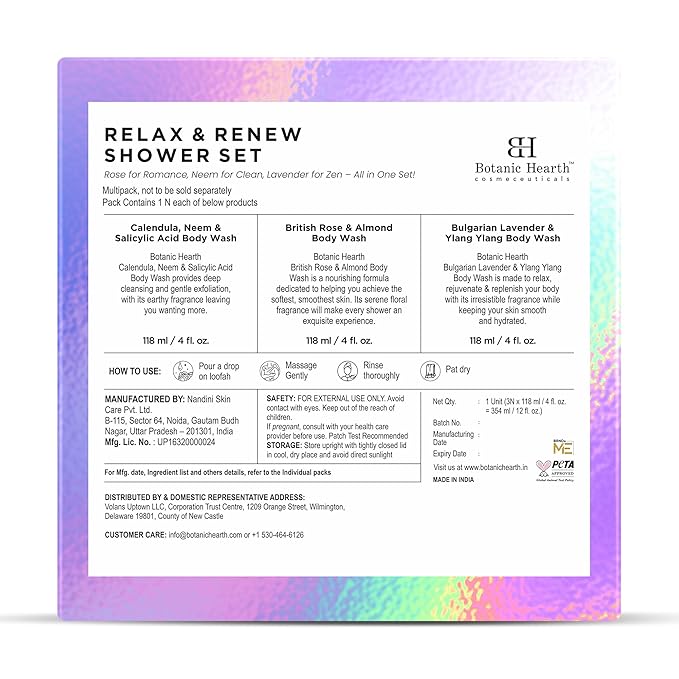Botanic Hearth Relax And Renew Shower Set | Pack Of 3 Of Body Wash (British Rose,Lavender, Calendula Neem) 4 Fl Oz Each