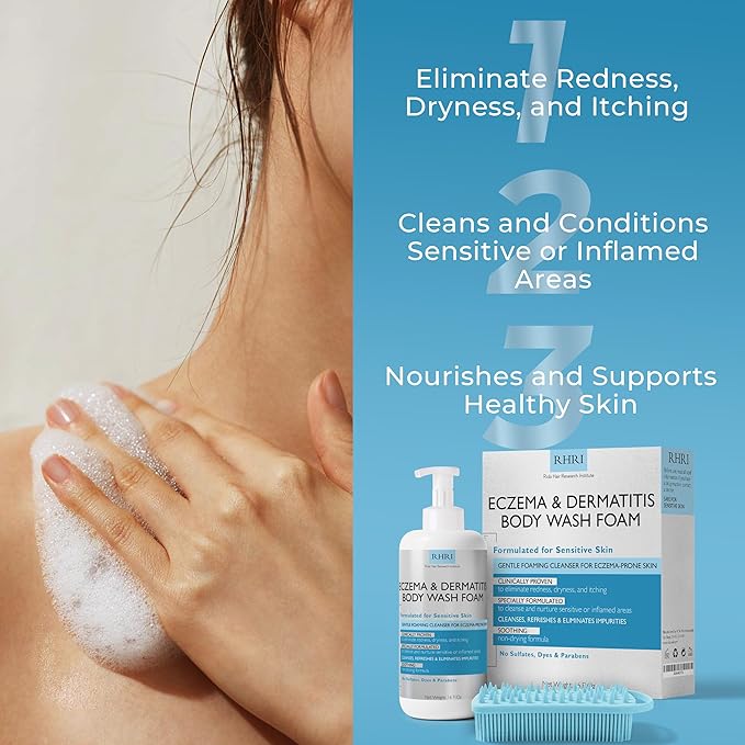 Eczema Body Wash Sensitive Skin | Eczema Treatment | Foaming Cleanser For Eczema Prone Skin | Soothes Dryness & Itching, Gentle On Eczema & Dermatitis, Sulfate-Free With Free Scrubber Brush