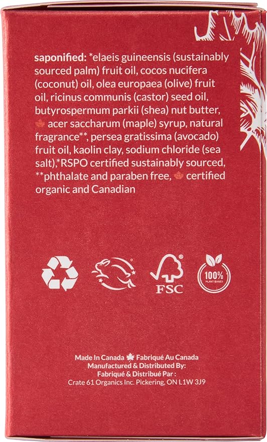 Crate 61, Handmade in Canada, Plant Based Cold Process Natural Bar Soap Cold Pressed For Face And Body, With Premium Oils (Canadian Maple)