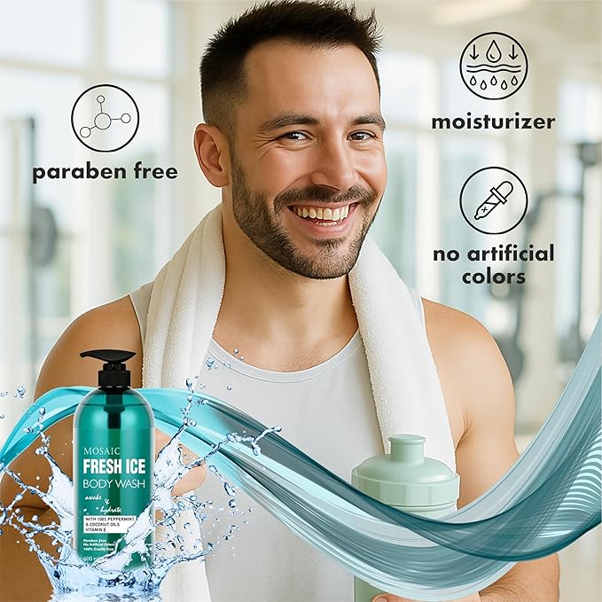 AnatoliaDaphne Fresh Ice Peppermint Body Wash and Shower Gel for MEN with Vitamin E for Jock Itch, Eczema, Ringworm, Body Odor, Body Wash Men with Added Body Oils, LARGE 20.2 FL Oz Bottle