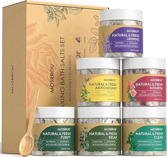 Epsom Bath Salts for Women Relaxing 6PCS Bath Salts Gift Set for Mom with Essential Oils for Bath Gifts on Birthday Mother's Day Christmas Lavender Eucalyptus Rose Lemon Tea Tree Peppermint