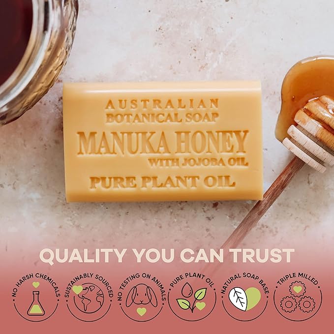 Australian Botanical Soap, 6.6 OZ, Manuka Honey and Jojoba Oil, Triple Milled Bars made with a Natural Soap Base and Enriched with Organic Shea Butter, Pack of 8
