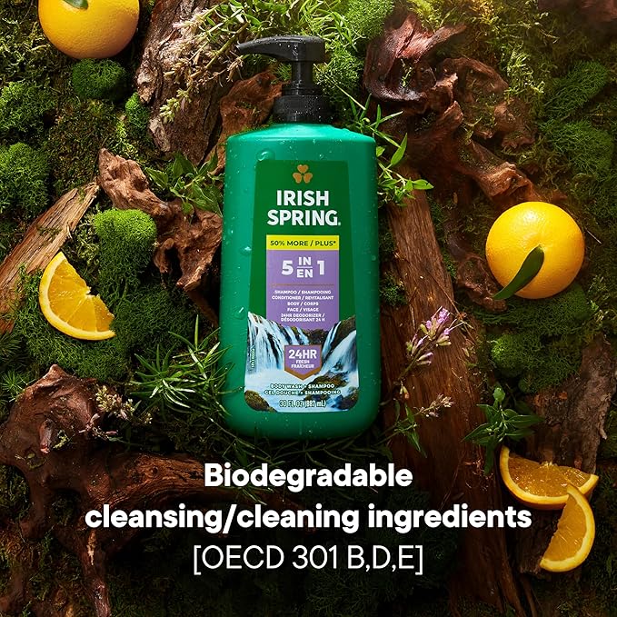 Irish Spring 5 in 1 Body Wash for Men, Men's Body Wash, Smell Fresh and Clean for 24 Hours, Conditions and Cleans Body, Face, and Hair, Made with Biodegradable Ingredients, 30 Oz Pump