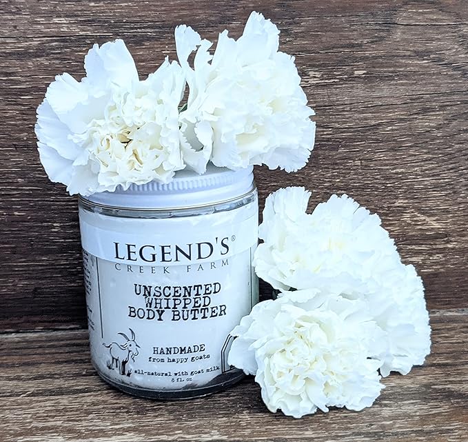 Legend's Creek Farm, Goat Milk Body Butter - Hydrating Natural Body Moisturizer with Organic Shea Butter & Grape Seed Oil - 8 Oz Purifying & Toning Whipped Body Butter (Unscented)