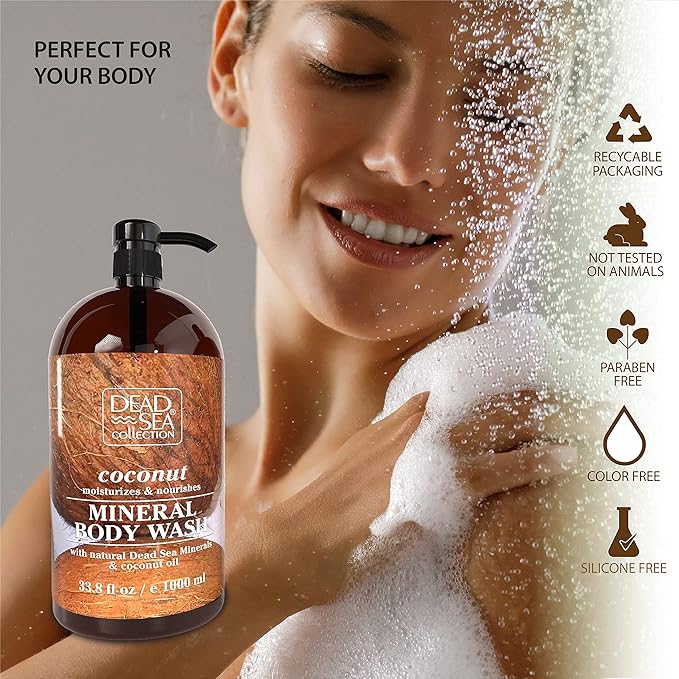 Dead Sea Collection Coconut Body Wash for Women and Men - with Pure Dead Sea Minerals and Coconut Oil - Cleanses and Moisturizes Skin - Pack of 2 (67.6 fl. oz)
