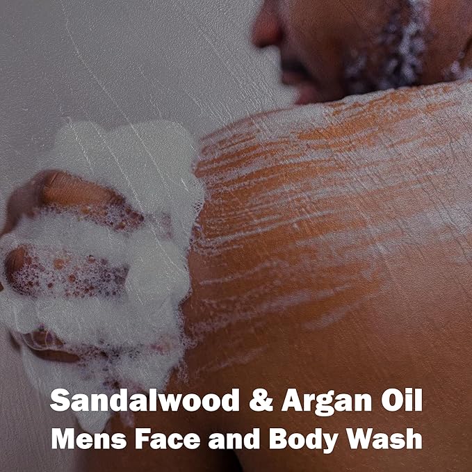 Mens Face and Body Wash with Sandalwood & Argan Oil, 32 Fl Oz Exfoliating Liquid Soap with All Natural Ingredients, Vegan, Sulfate Free, and Cruelty Free Body Scrub