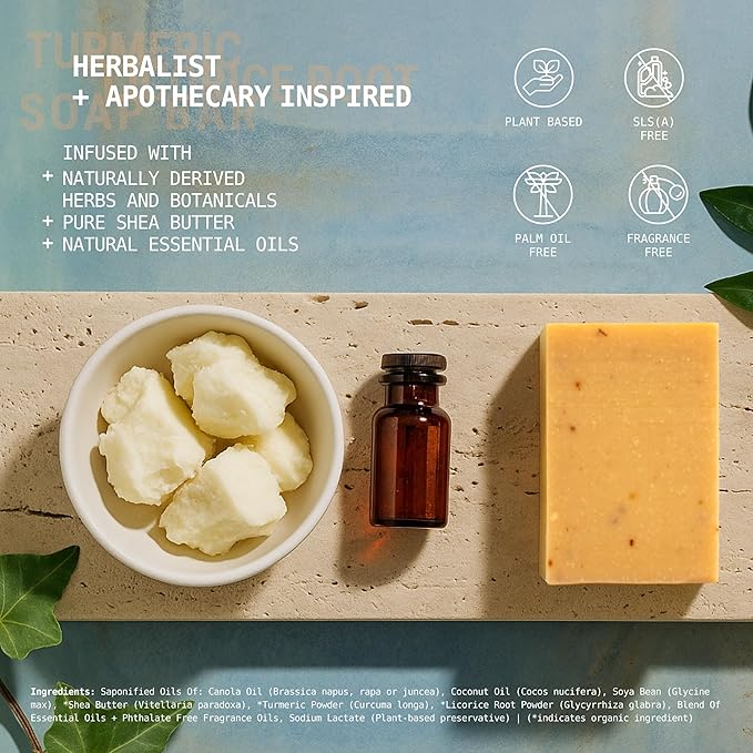 Natural Organic Soap Bar with Turmeric for Face and Body, Exfoliating Bar Soap, Infused with Licorice Root, Herbs, Botanicals, Shea Butter and Essential Oils, 4oz, 3 Pack Turmeric Soap Bar