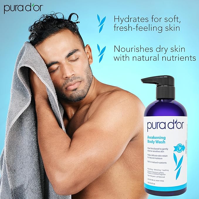 PURA D'OR Awakening Body Wash (16oz x3 = 48oz) Aloe Vera, Chamomile, Lavender, Tea Tree for Invigorating Earthy Scent, pH Balanced for Moisturized Soft, Fresh-Feeling Skin, All Skin Types, Men & Women