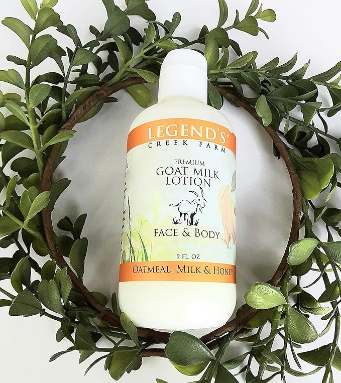 Legend's Creek Farm Goat Milk Lotion - Moisturizing Goat Milk Body Lotion for Body, Hand & Face - 9 oz Body Moisturizer with Shea Butter, Sunflower Oil, Aloe, Handmade in USA (Oatmeal, Milk & Honey)