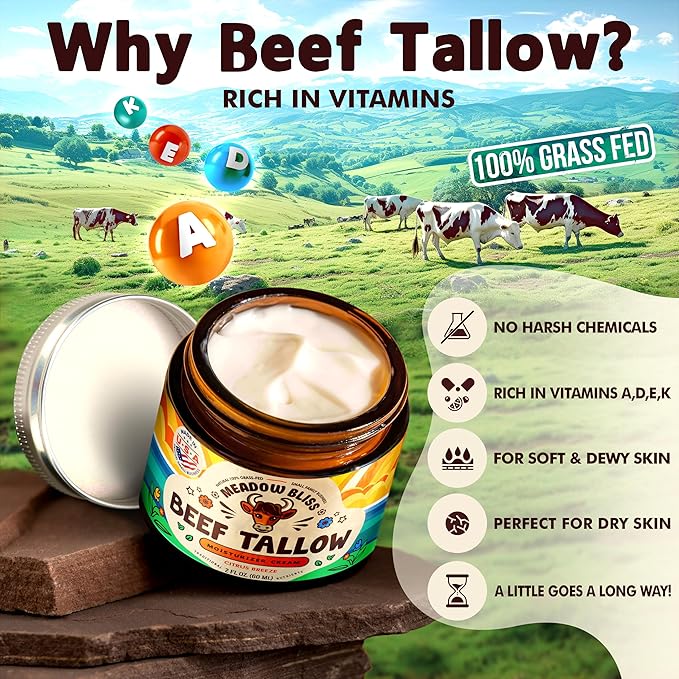 Beef Tallow for Skin - Moisturizer Cream - 100% Grass Fed - Whipped Beef Tallow - Organic Jojoba Oil - Organic Shea Butter - Supports Eczema, Rosacea+ - Made in USA - Citrus Breeze - 4 oz