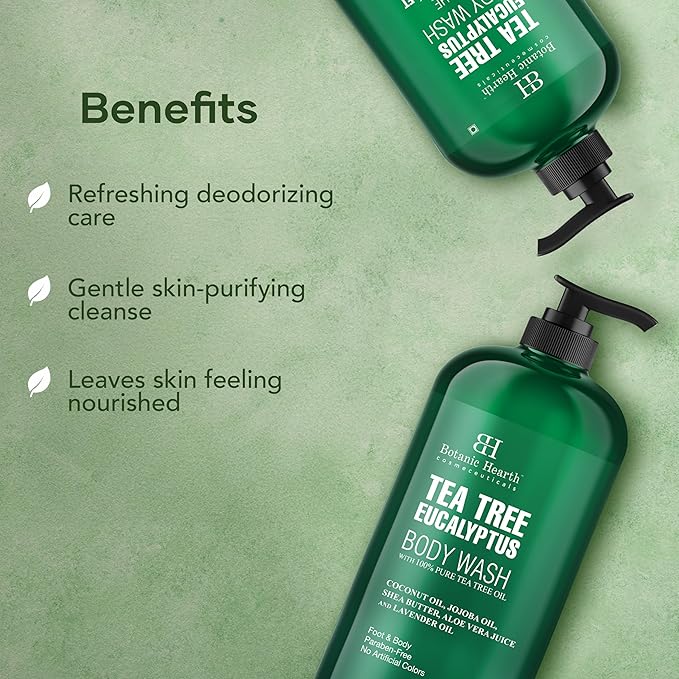 Botanic Hearth Eucalyptus & Tea Tree Body Wash | 16 Fl Oz | Helps Soothe Skin, Refreshing And Invigorating, Cleansing Shower Gel For Men And Women | Sulfate Free, Paraben Free