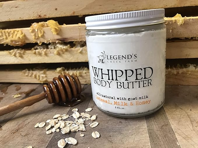 Legend's Creek Farm, Whipped Goat Milk Body Butter, Hydrating Moisturizer with Organic Shea Butter & Grape Seed Oil, Purifying & Toning, Handmade in USA, 8 Oz Jar (Oatmeal, Milk & Honey B.B.)
