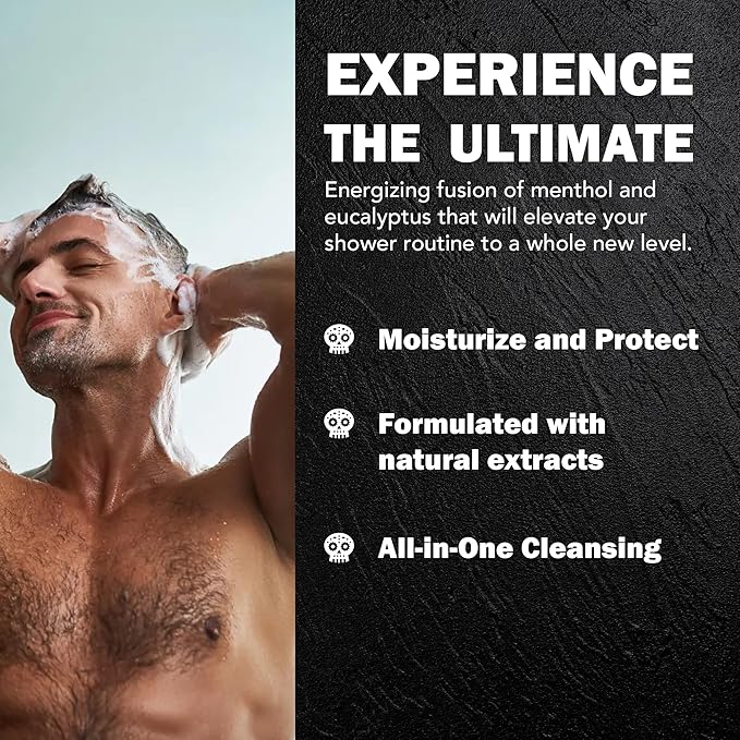 Mens Body Wash with Menthol & Eucalyptus, 32 Fl Oz, All Natural 3-In-1 Body Scrub and Liquid Soap for Gentle Cleansing, Vegan Friendly, Sulfate Free, and Cruelty Free