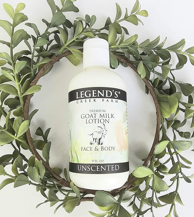 Legend's Creek Farm Goat Milk Lotion - Moisturizing Goat Milk Body Lotion for Body, Hand & Face - 9 oz Body Moisturizer with Shea Butter, Sunflower Oil, Aloe, Handmade in USA (Unscented L.)