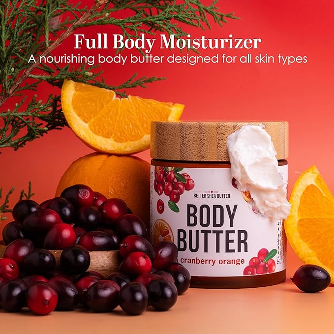 Cranberry Orange Body Butter with Raw Shea Butter and Jojoba Oil, Holiday Body Moisturizer for Dry Skin, Christmas Lotion, Limited Edition