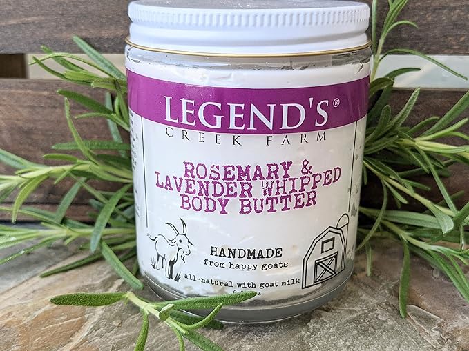 Legend's Creek Farm, Goat Milk Body Butter - Hydrating Natural Body Moisturizer with Organic Shea Butter & Grape Seed Oil - 8 Oz Purifying & Toning Whipped Body Butter (Rosemary & Lavender)