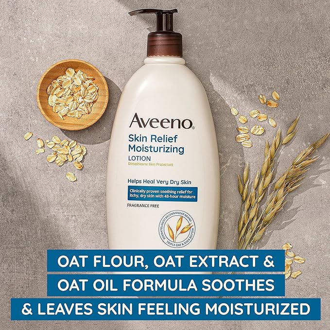 Aveeno Skin Relief Moisturizing Lotion for Very Dry, Itchy Skin with Soothing Triple Oat & Shea Butter Formula, Fragrance Free, 12 Fl. Oz
